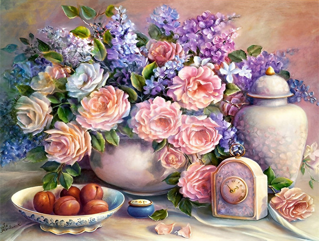 Bloemen, Oud Horloge en Vruchten Diamond Painting