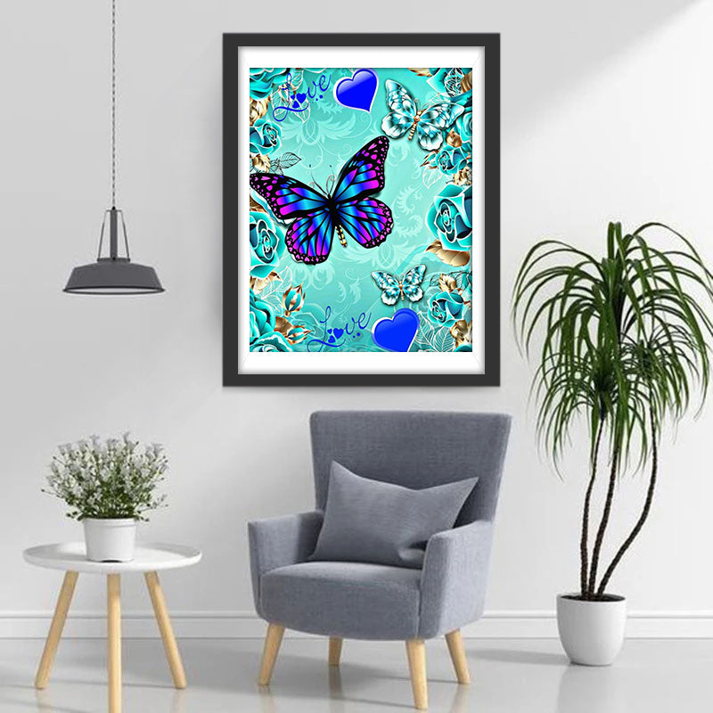 Bloemen, Vlinders en Blauwe Harten Diamond Painting