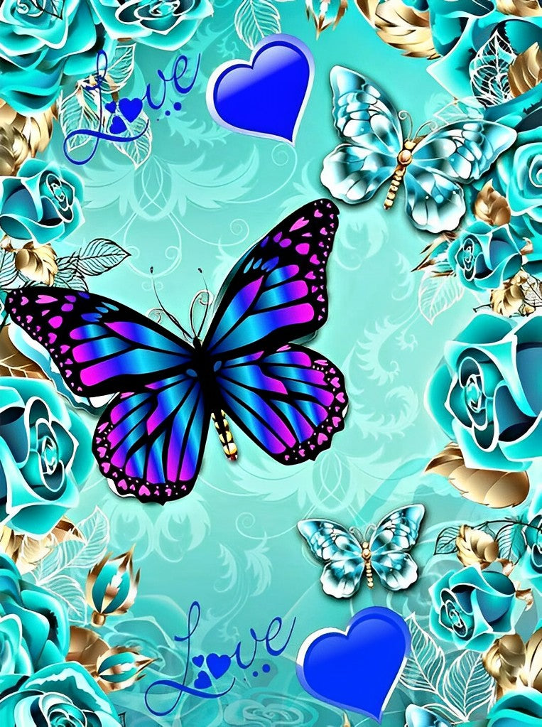 Bloemen Vlinders en Blauwe Harten Diamond Painting