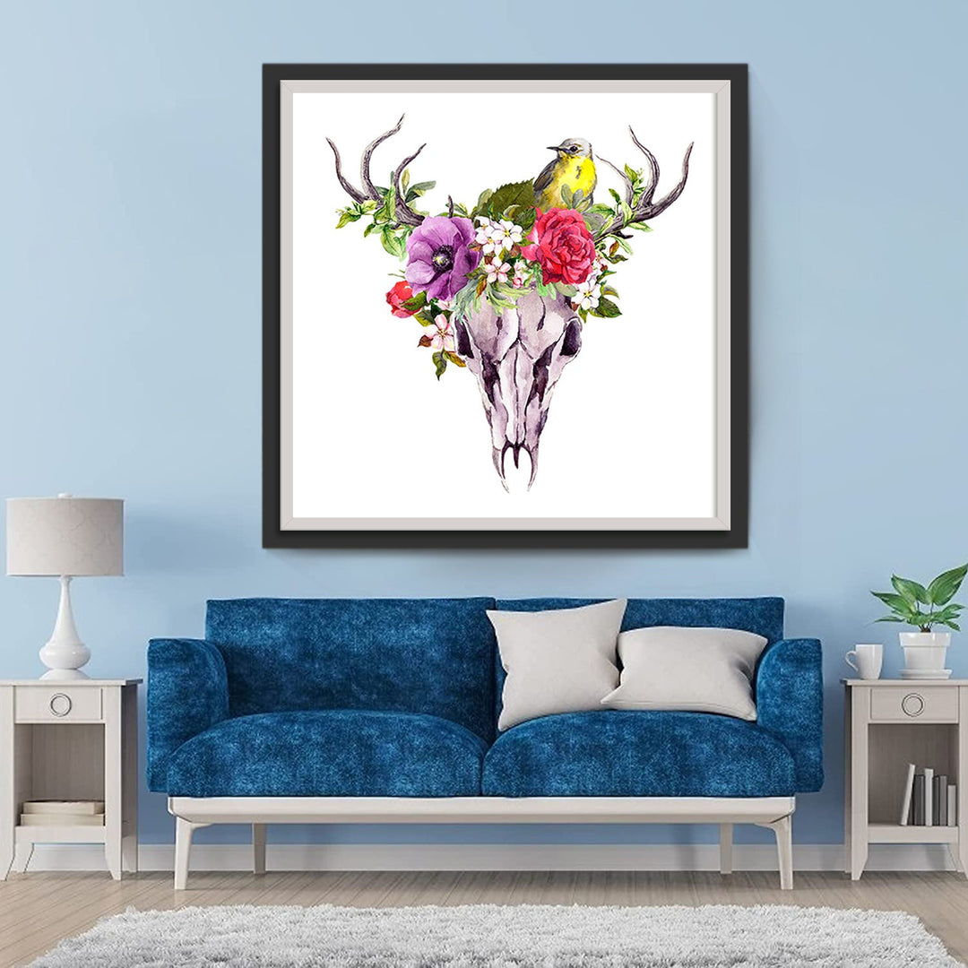 Bloemenstruiken en Vogel op het Hertenhoofd Diamond Painting