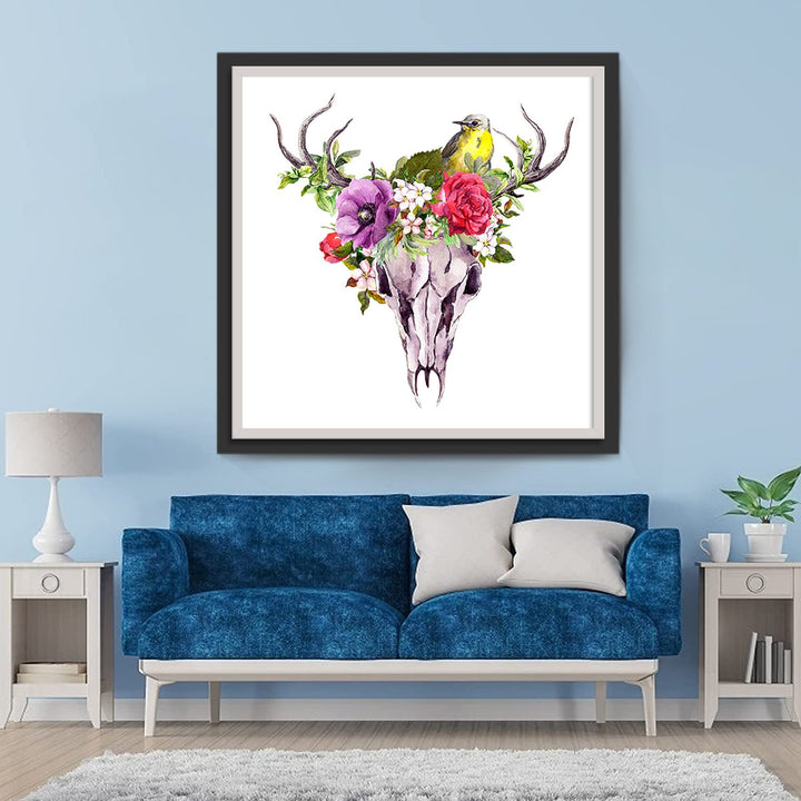 Bloemenstruiken en Vogel op het Hertenhoofd Diamond Painting