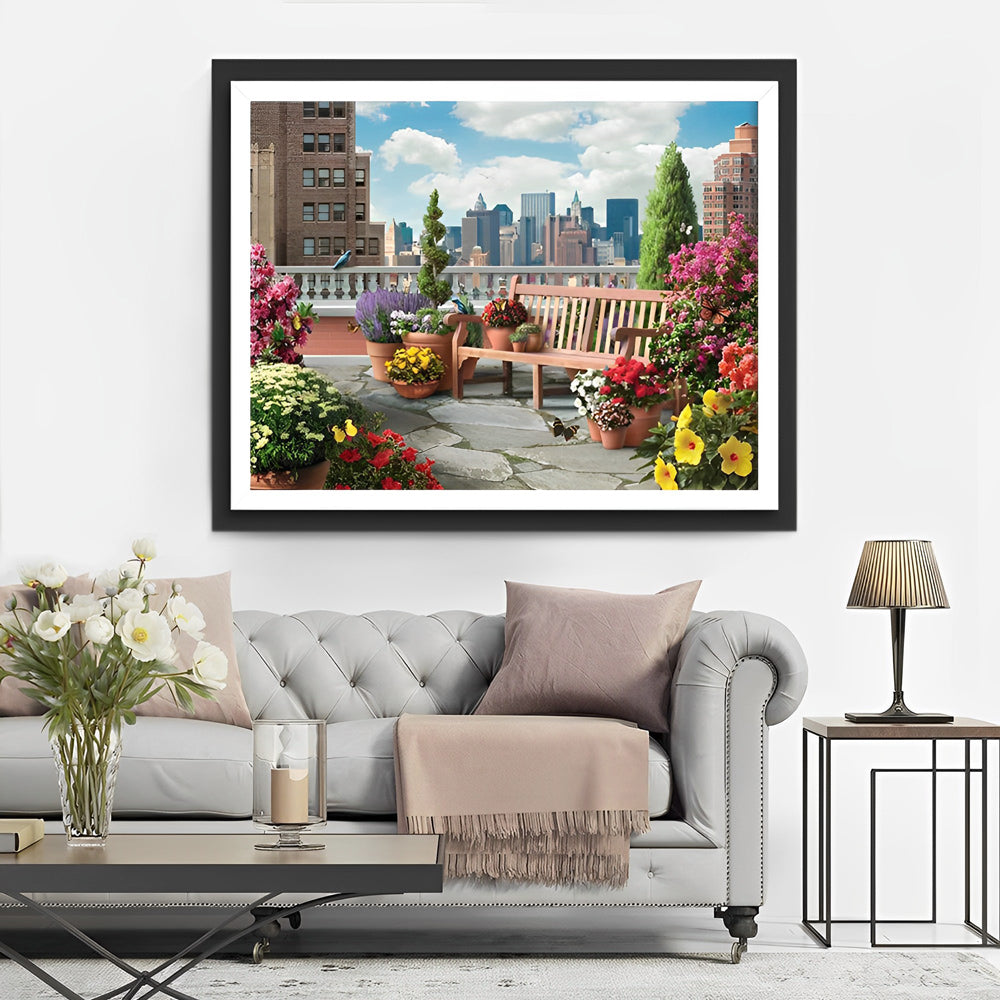 Bloemrijke Tuin met Uitzicht op de Skyline Diamond Painting