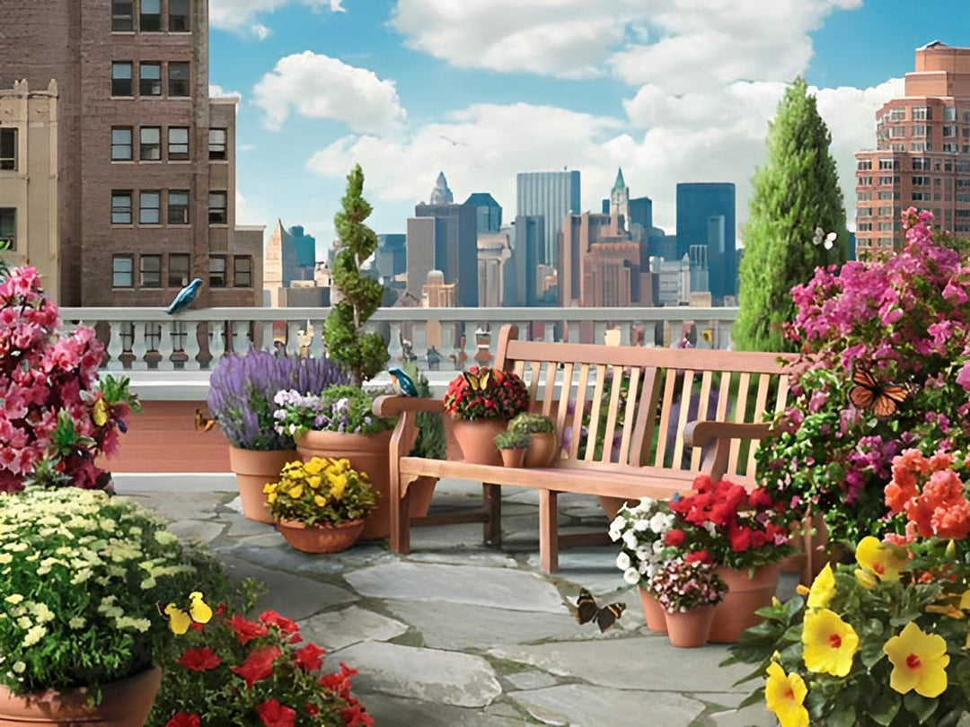 Bloemrijke Tuin met Uitzicht op de Skyline Diamond Painting