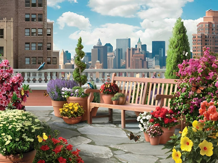 Bloemrijke Tuin met Uitzicht op de Skyline Diamond Painting