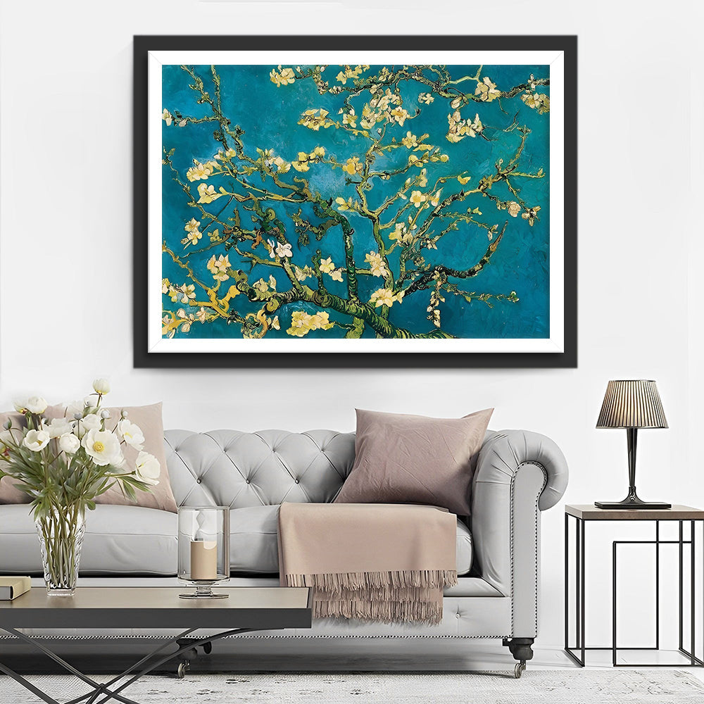 Bloesemtakken op Blauwe Achtergrond Diamond Painting