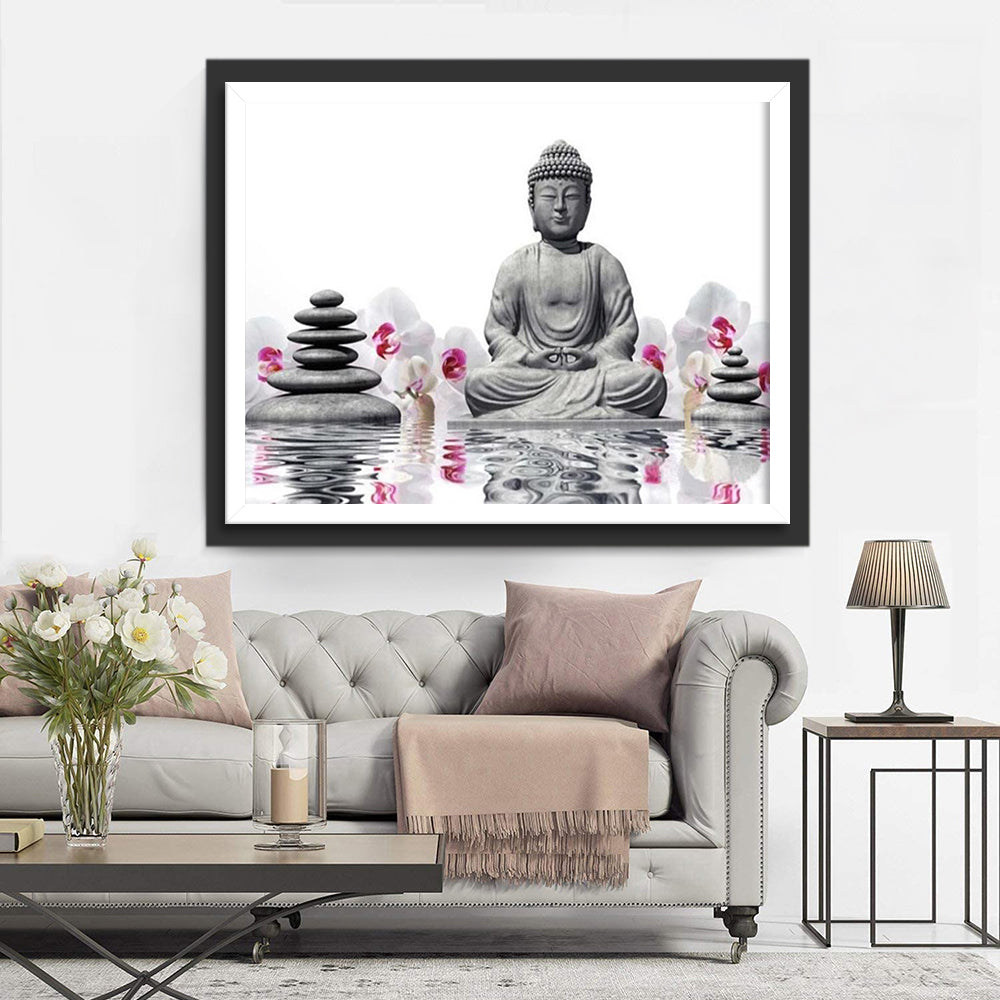 Boeddha bij Water met Orchideeën Diamond Painting
