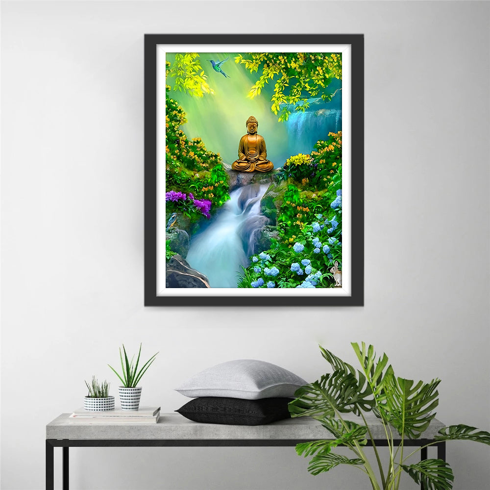 Boeddha in de Waterval- en Bloementuin Diamond Painting