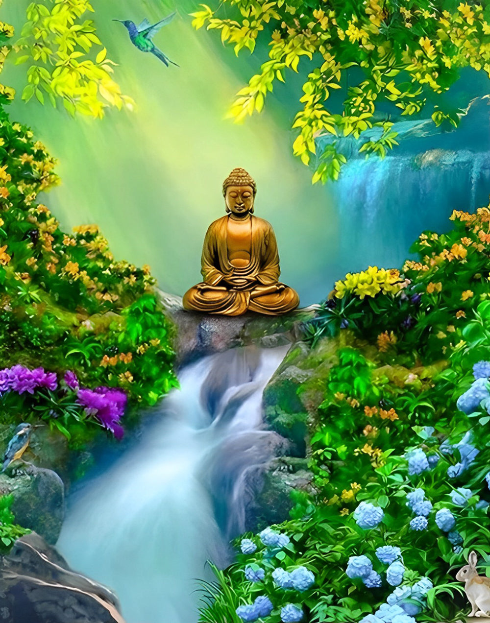 Boeddha in de Waterval- en Bloementuin Diamond Painting