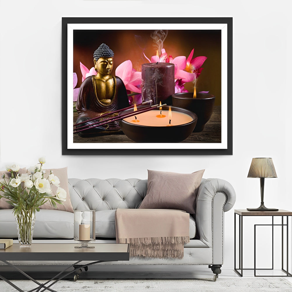 Boeddha, Kaarslicht en Bloesems Diamond Painting