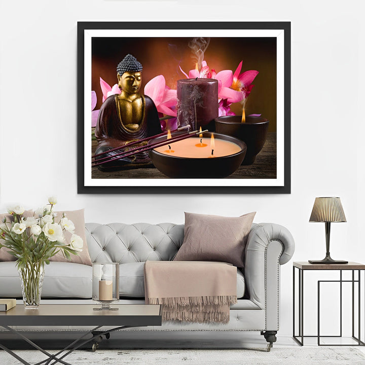 Boeddha, Kaarslicht en Bloesems Diamond Painting