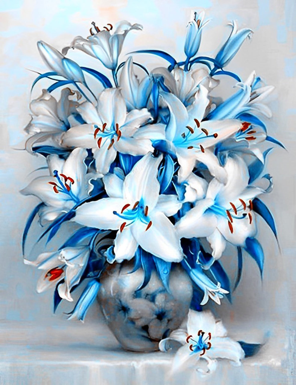 Boeket Blauw-Witte Lelies in Vaas Diamond Painting