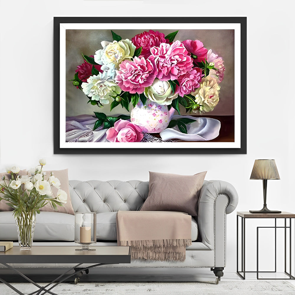 Boeket Pioenrozen in Verschillende Kleuren in Vaas Diamond Painting