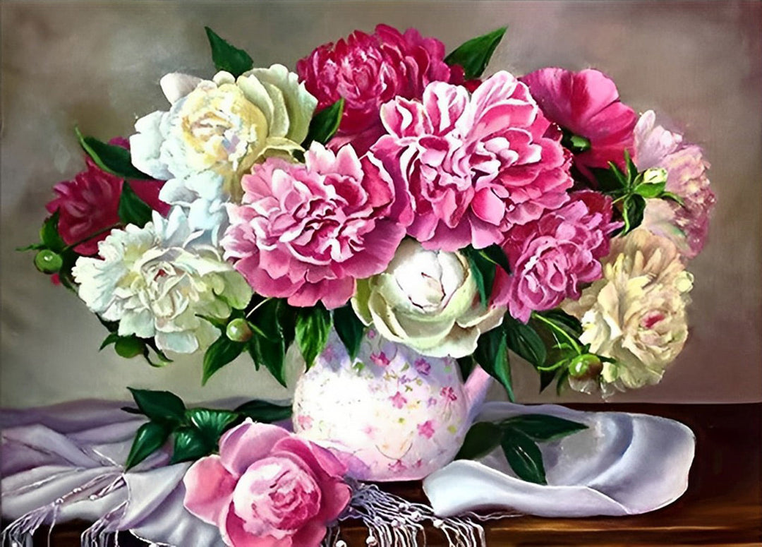 Boeket Pioenrozen in Verschillende Kleuren in Vaas Diamond Painting