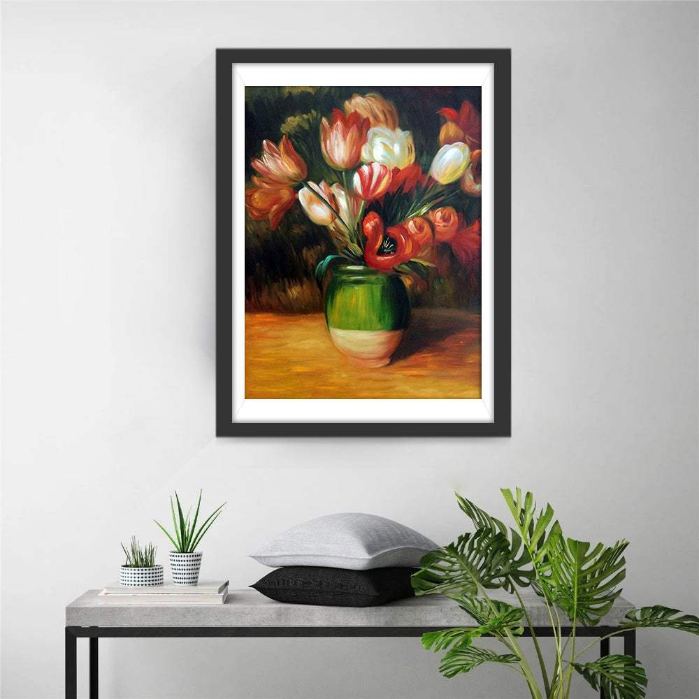 Boeket Rode en Witte Tulpen in Groen-Witte Vaas Diamond Painting