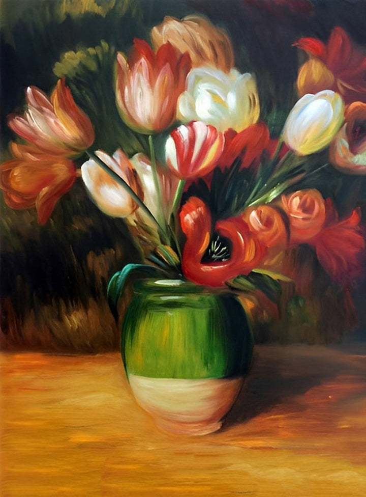 Boeket Rode en Witte Tulpen in Groen-Witte Vaas Diamond Painting