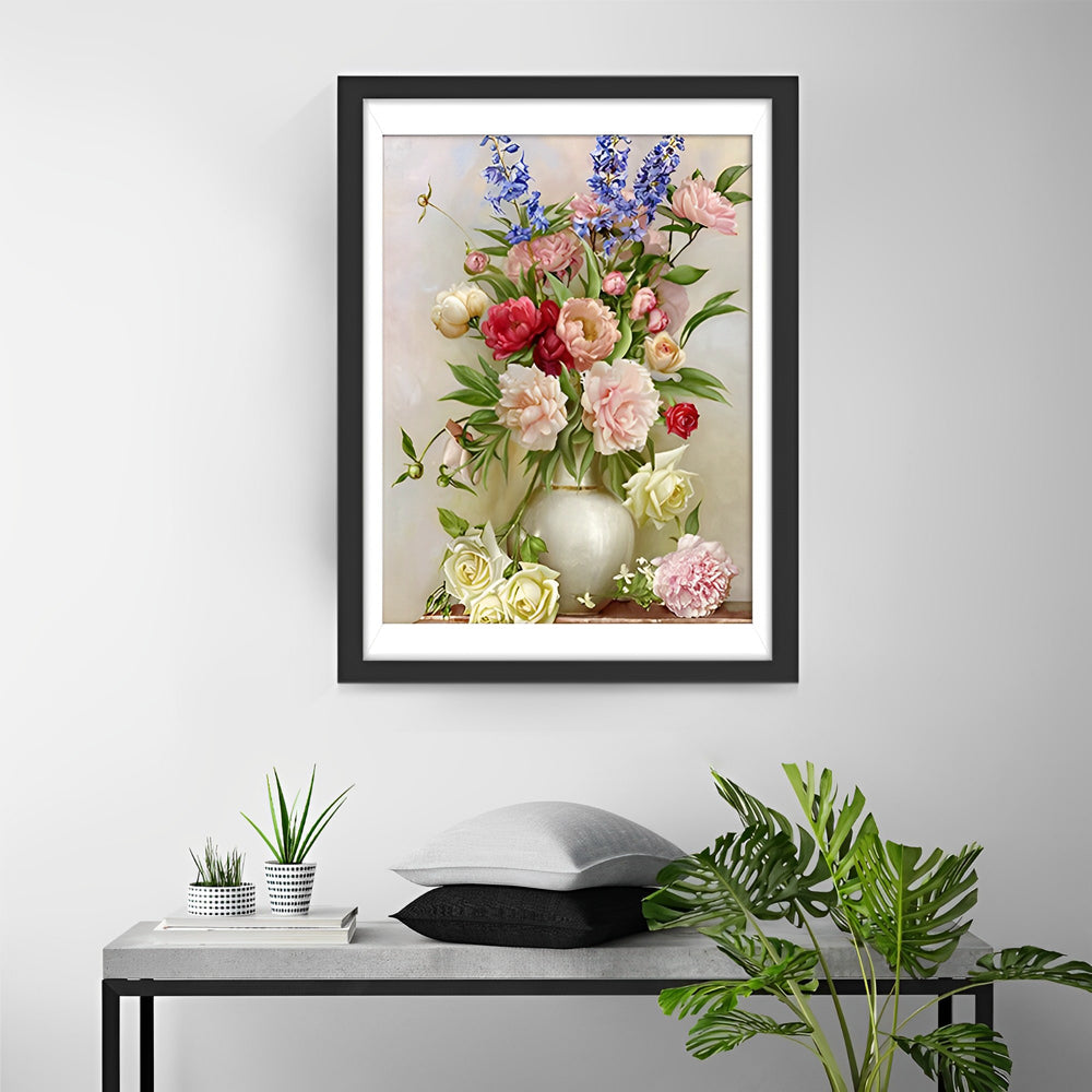 Boeket Rozen, Pioenrozen en Blauwe Vingerhoedskruid in Witte Vaas Diamond Painting