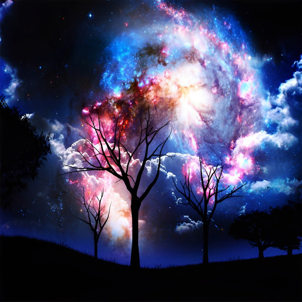 Bomen als Silhouetten tegen een Weelderig Galactisch Decor Diamond Painting
