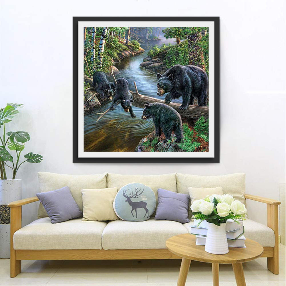 Bomen en Zwarte Beren bij de Rivier Diamond Painting