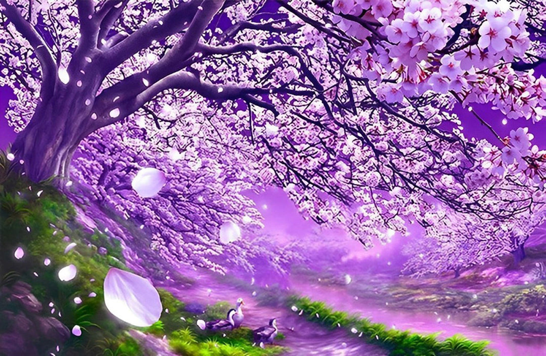 Bomen met Weelderige Paarse Bloemen Diamond Painting