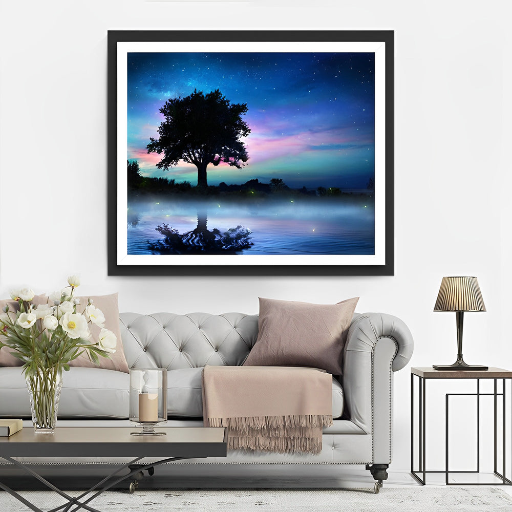 Bomen, Reflecties en Sterrenhemel Diamond Painting