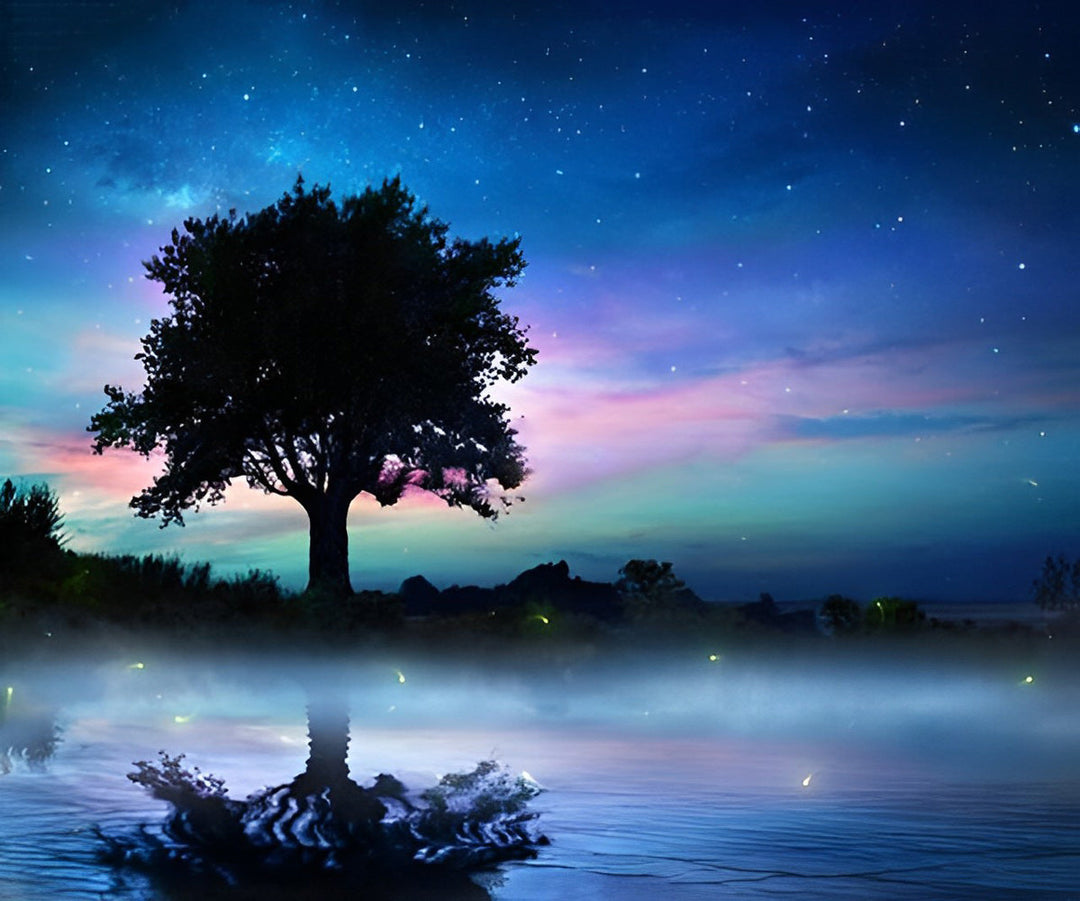 Bomen, Reflecties en Sterrenhemel Diamond Painting