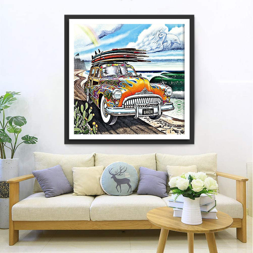 Bont Gekleurde Wagen met Surfplanken Diamond Painting