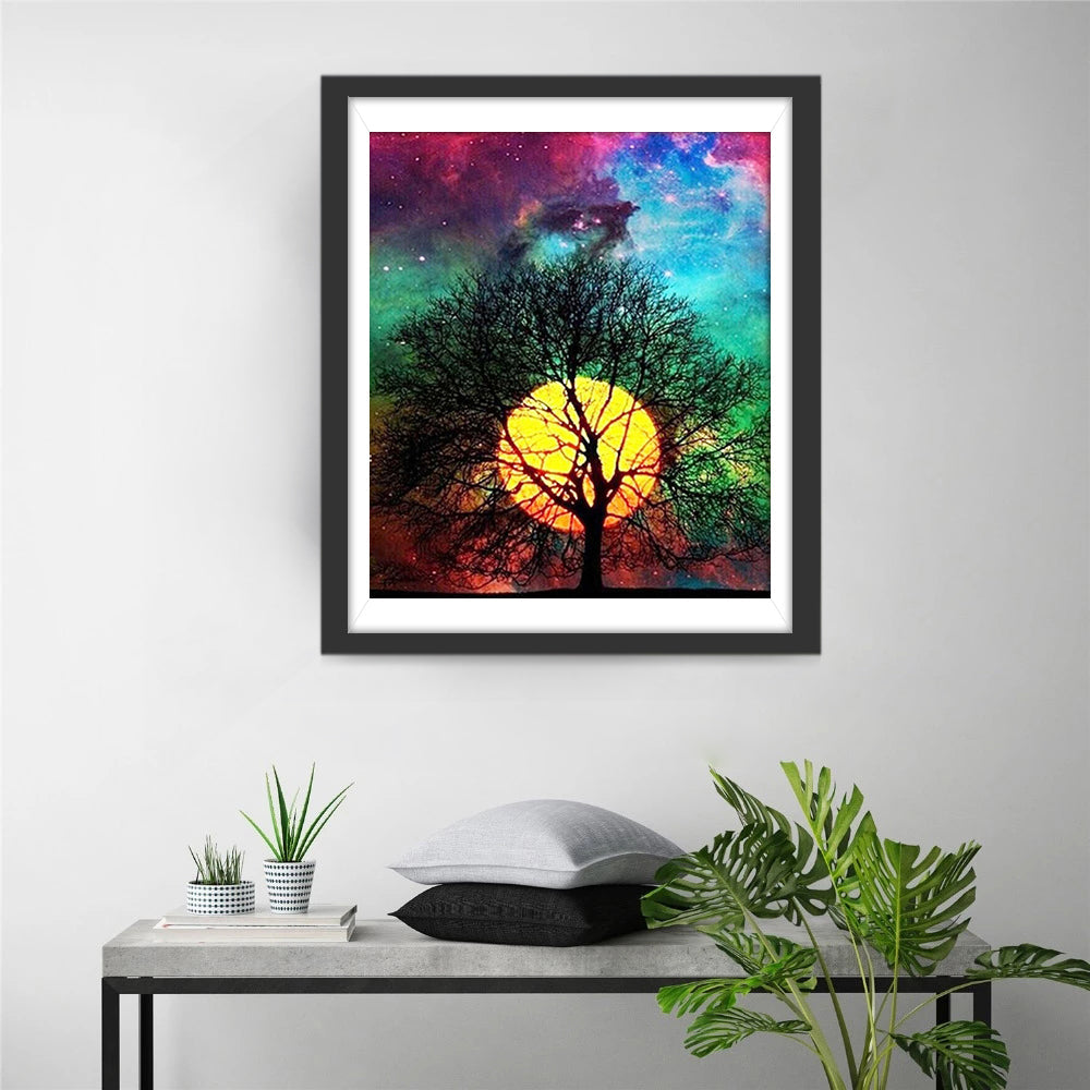 Boom en Maan onder Kleurrijke Hemel Diamond Painting