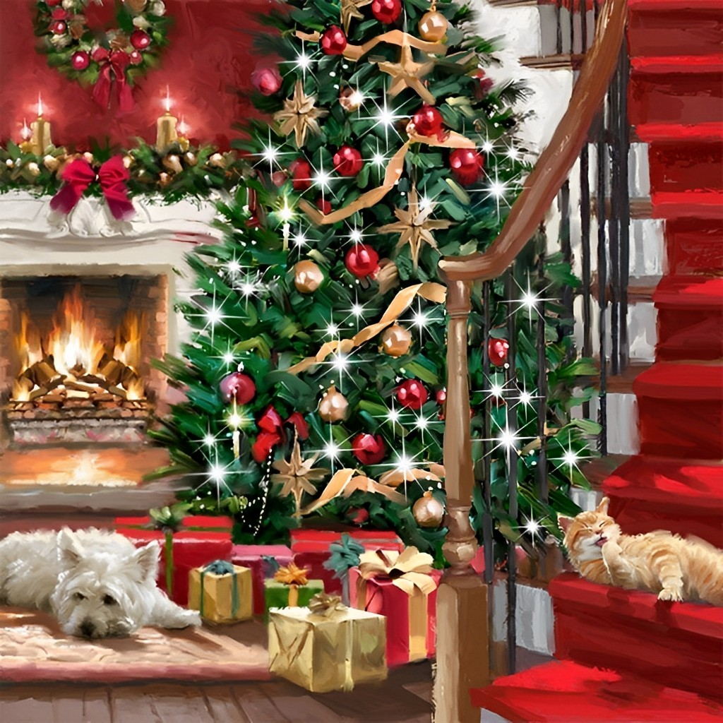 Boom, Haard, Cadeaus en Slapende Honden Diamond Painting