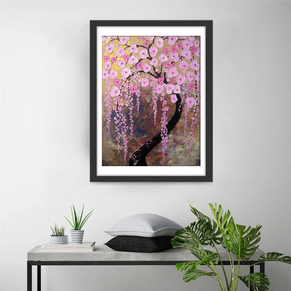 Boom vol Roze Bloemen met Hangende Trossen Diamond Painting