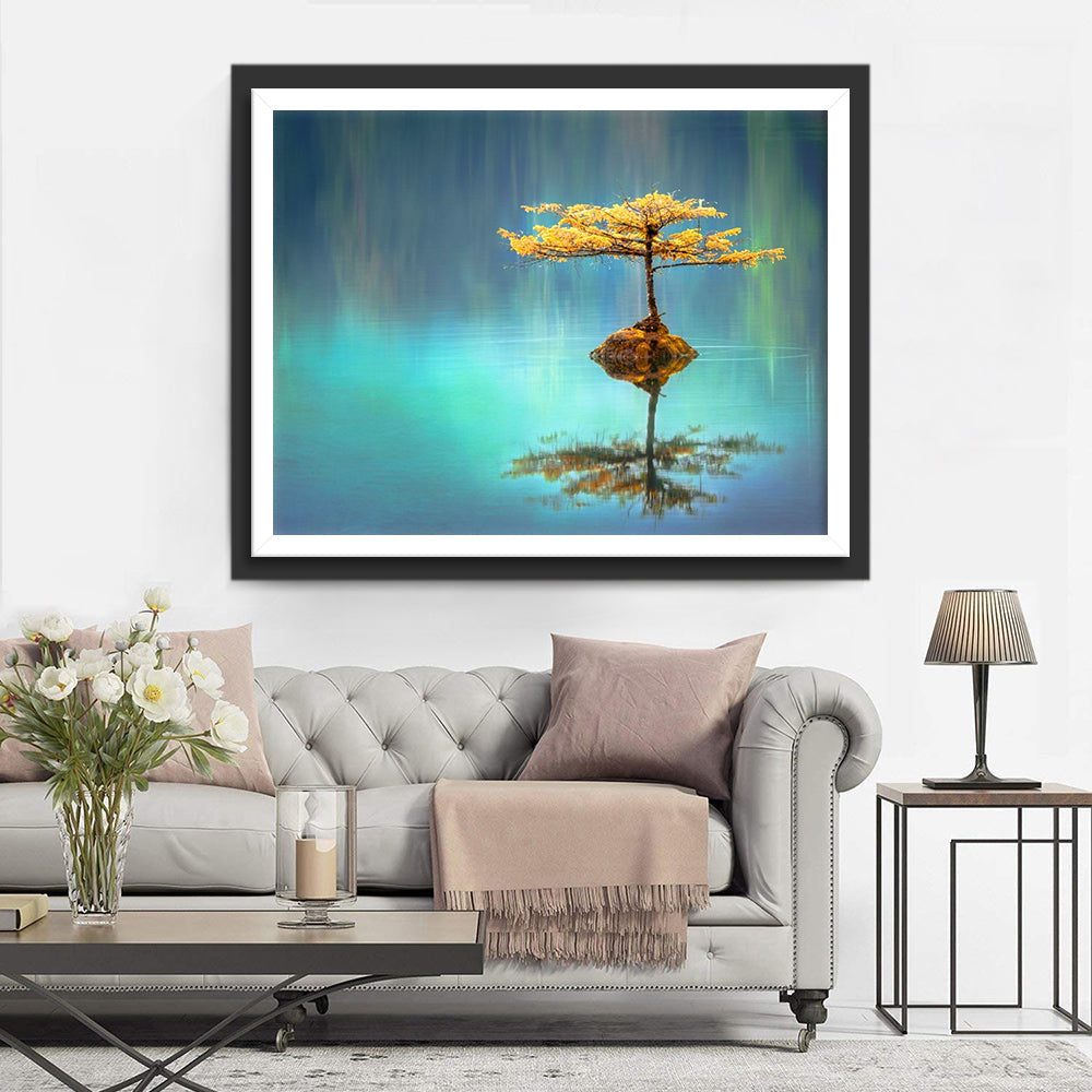 Boompje op een Rots in het Water Diamond Painting