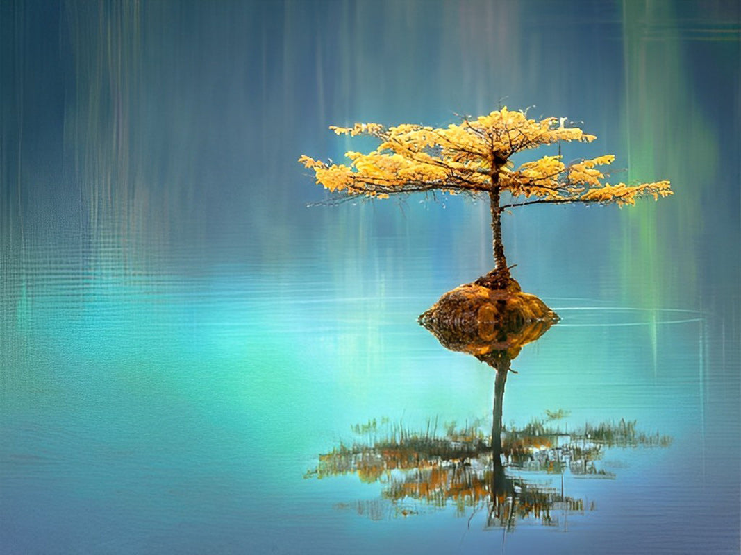 Boompje op een Rots in het Water Diamond Painting