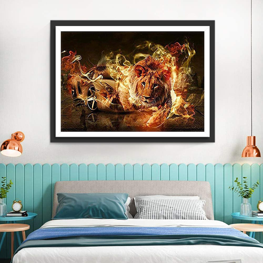 Brandende Auto en een Leeuw Diamond Painting