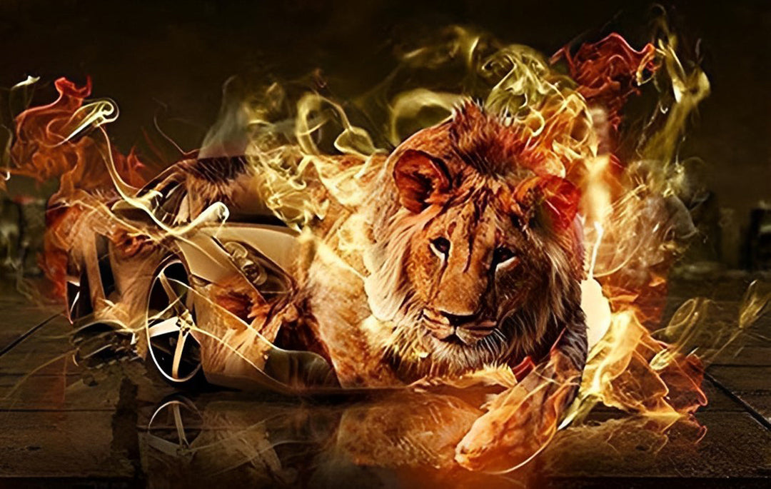 Brandende Auto en een Leeuw Diamond Painting