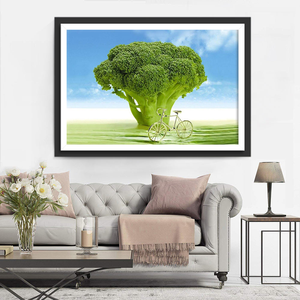 Broccoli en Fiets onder Blauwe Hemel Diamond Painting