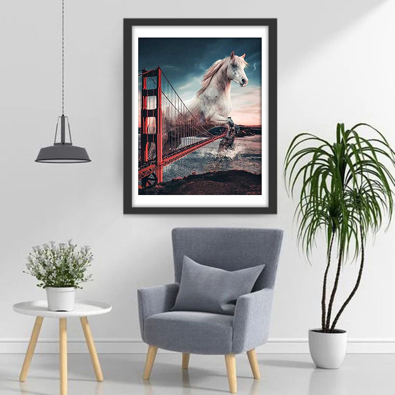 Brug over de Rivier en een Springend Wit Paard Diamond Painting