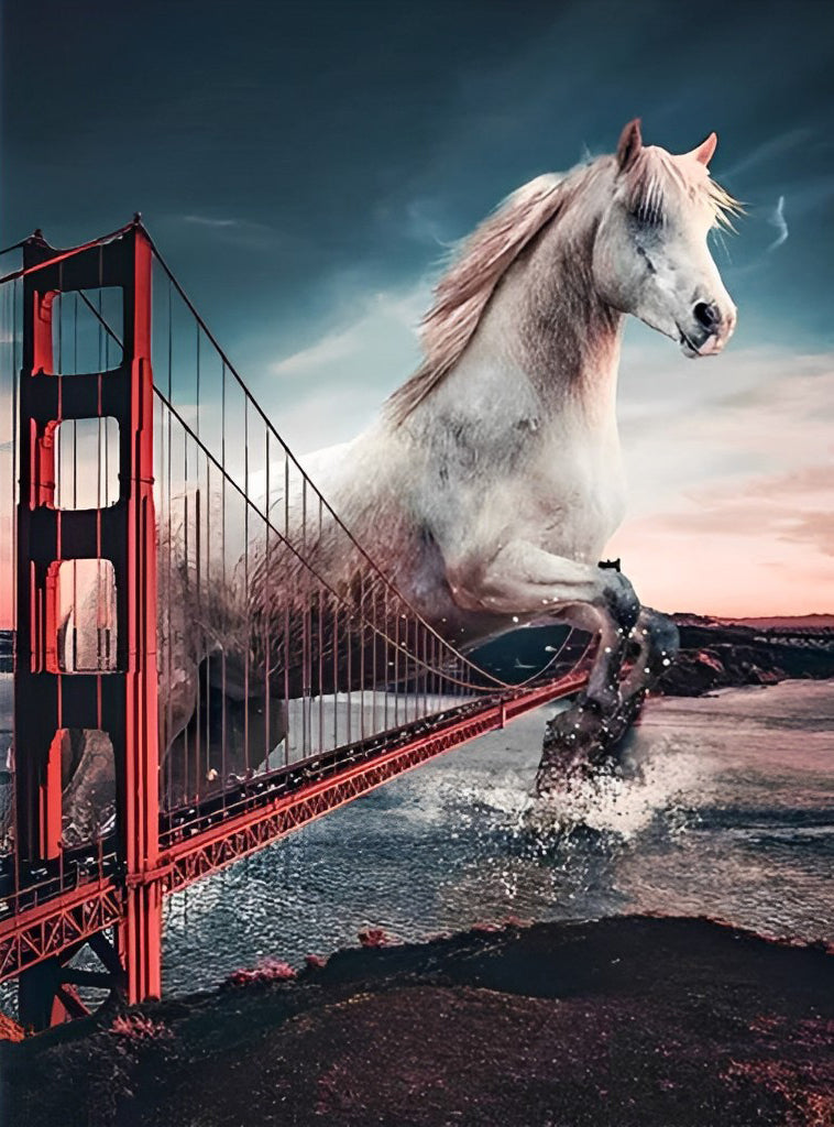 Brug over de Rivier en een Springend Wit Paard Diamond Painting