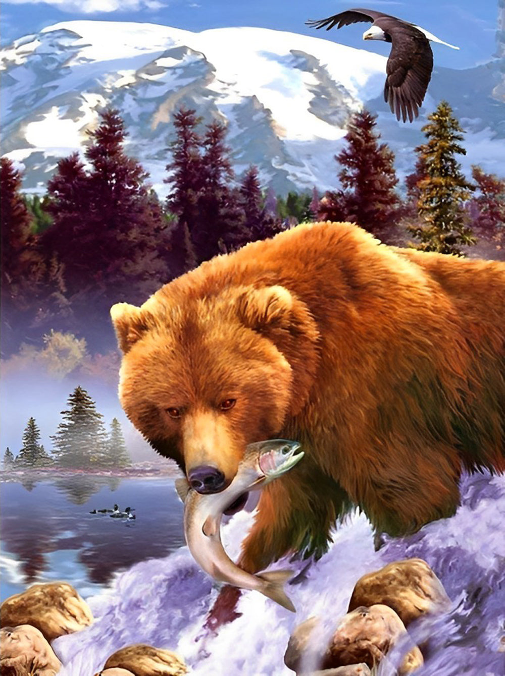 Bruine Beer met een Vis in zijn Bek Diamond Painting