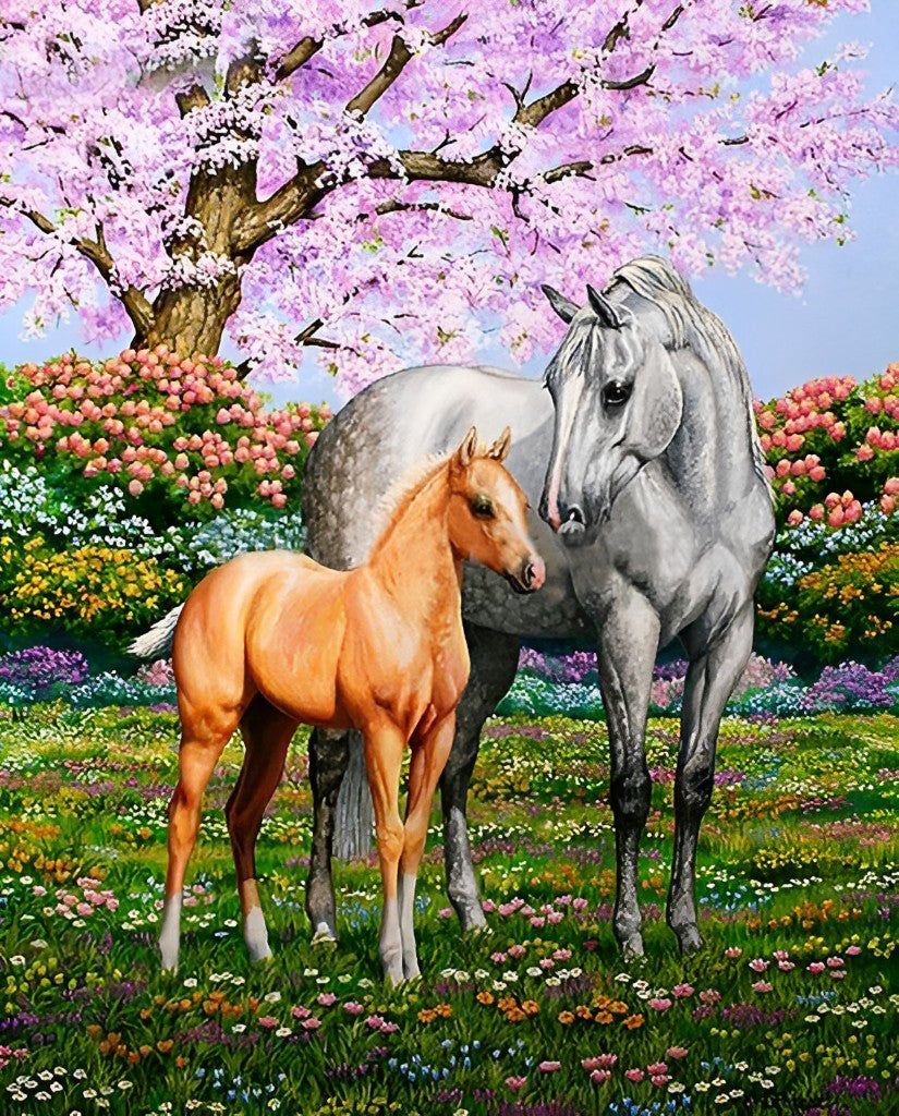 Bruine en Grijze Paarden op Bloeiende Weiden Diamond Painting