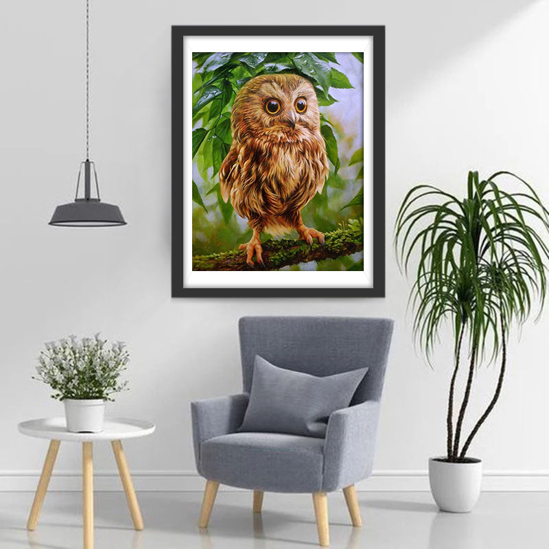Bruine Uil op een Groene Boom Diamond Painting