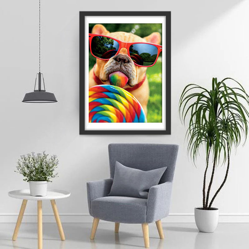 Bulldog eet een Regenbooglolly Diamond Painting