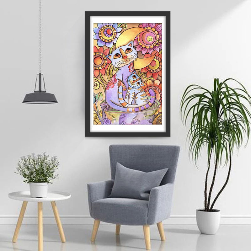 Cartoon Abstract Twee Katten in een Struik Diamond Painting