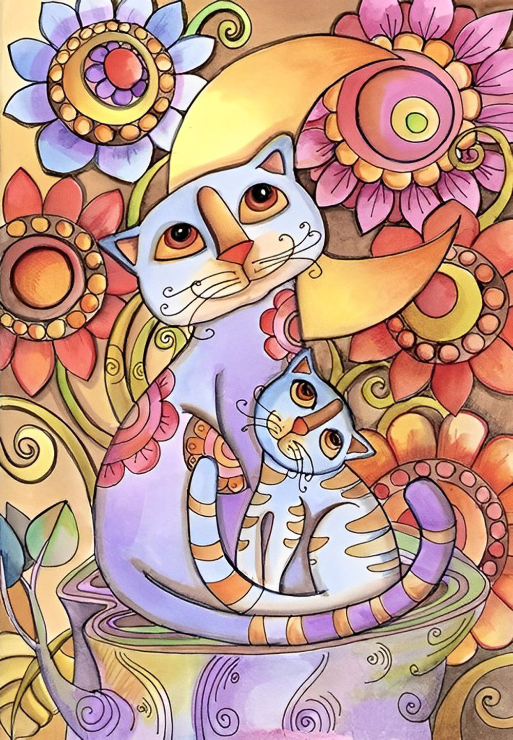 Cartoon Abstract Twee Katten in een Struik Diamond Painting