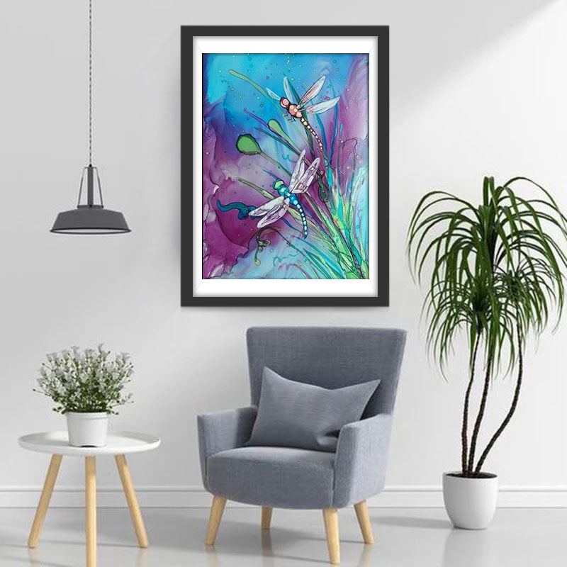 Cartoon Blauwe en Rode Libellen op Waterplanten Diamond Painting