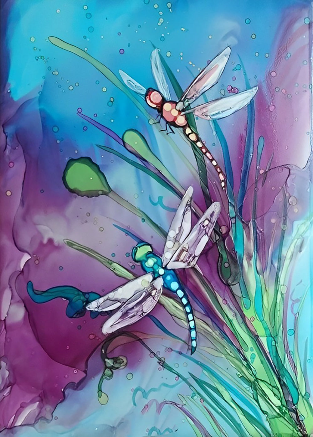 Cartoon Blauwe en Rode Libellen op Waterplanten Diamond Painting