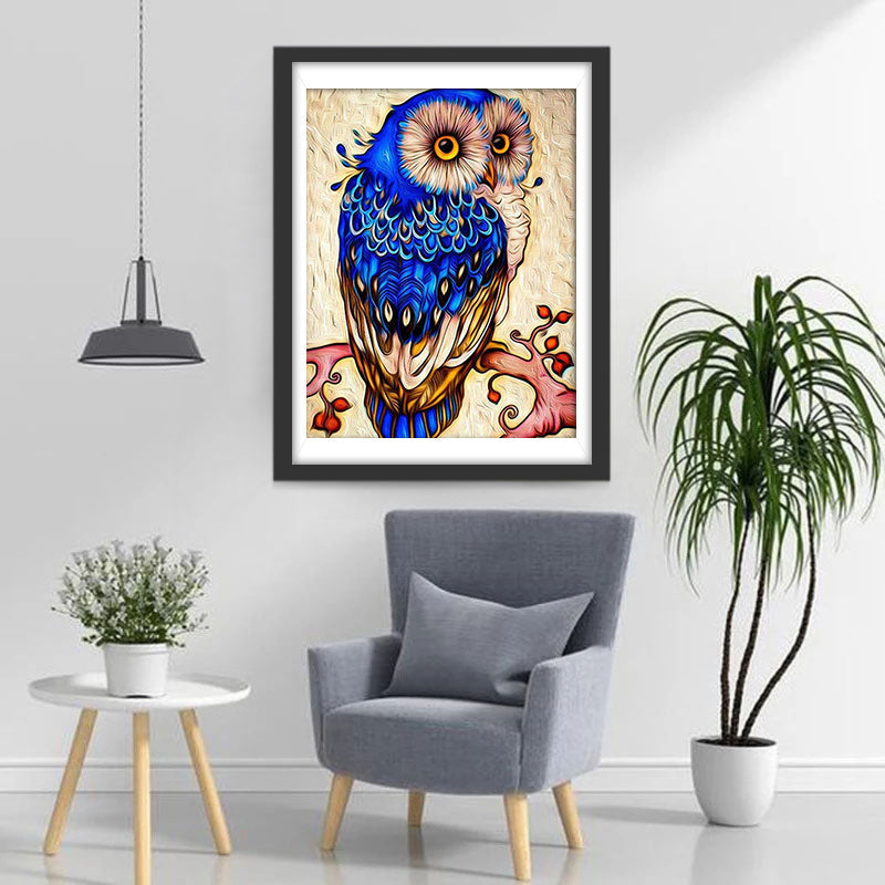 Cartoon Blauwe Uil op een Rode Tak Diamond Painting