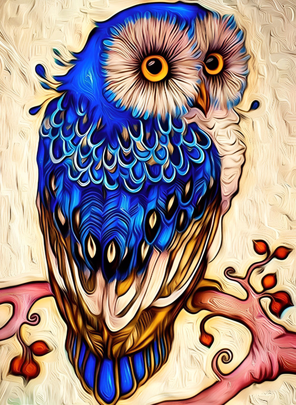 Cartoon Blauwe Uil op een Rode Tak Diamond Painting