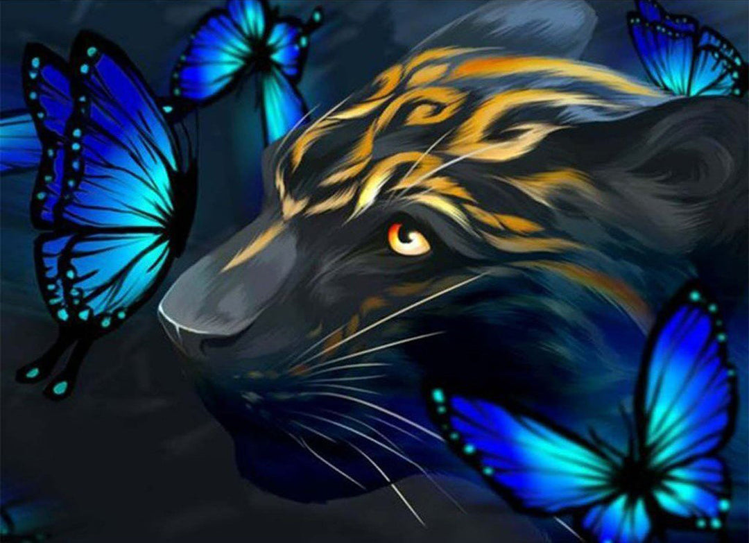 Cartoon Blauwe Vlinders en Tijger Diamond Painting