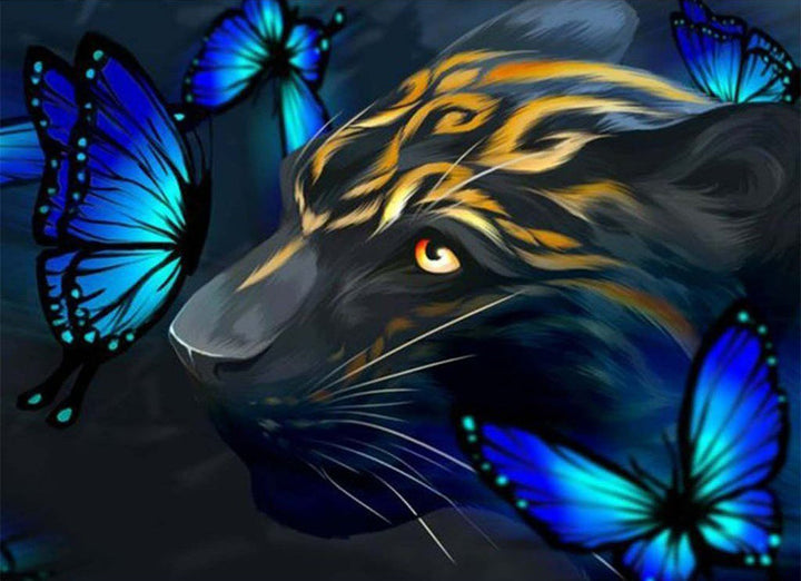 Cartoon Blauwe Vlinders en Tijger Diamond Painting