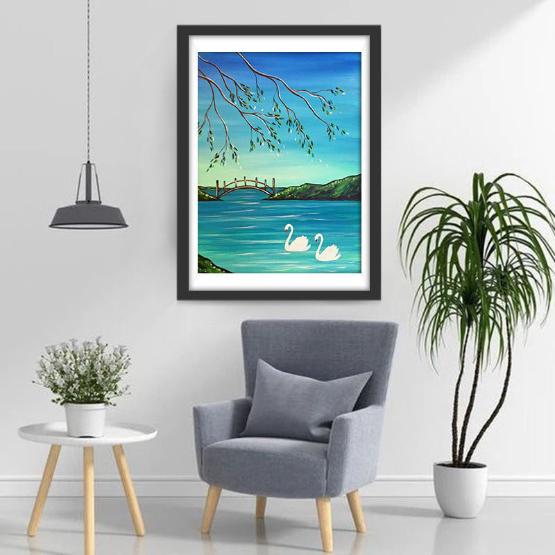Cartoon De Zwanen in het Meer onder de Boom Diamond Painting