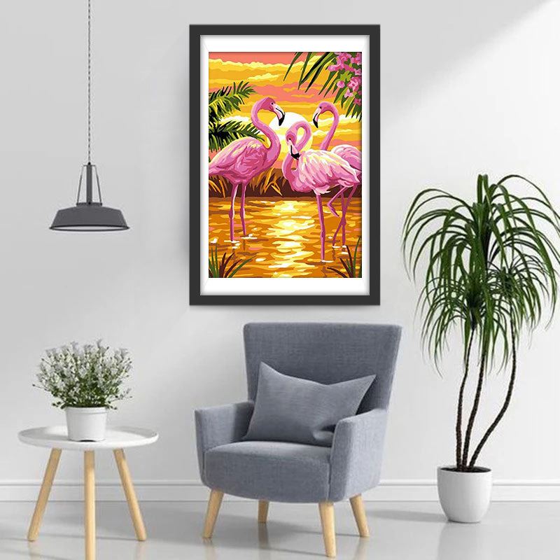 Cartoon Drie Flamingo's bij Zonsondergang Diamond Painting